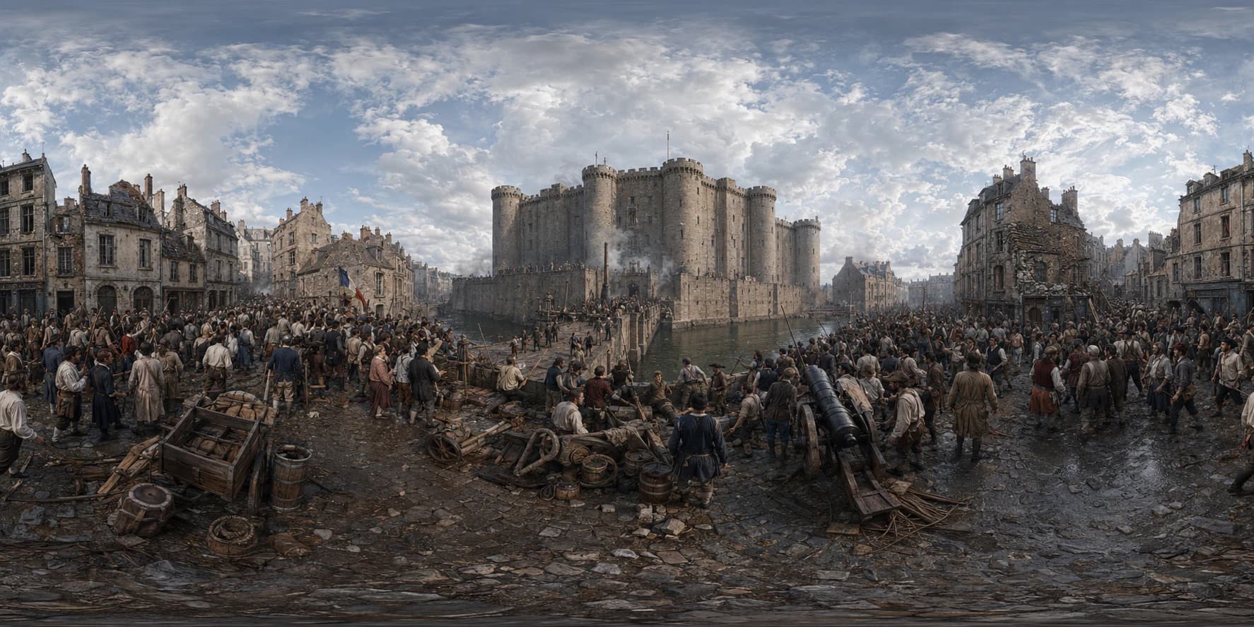 A 360 historical reconstruction of the Storming of the Bastille with the fortress, Parisian revolutionaries, smoke, muskets and late 18th-century clothing.